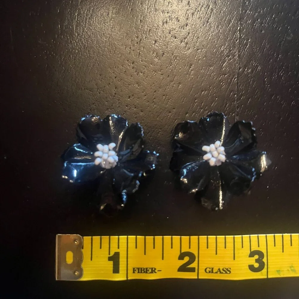 Vintage Black and White Metal Flower Brooch and Clip on Earring Set